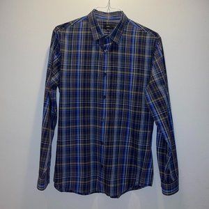 Vince Men's Button Down Casual Dress Shirt Blue Plaid